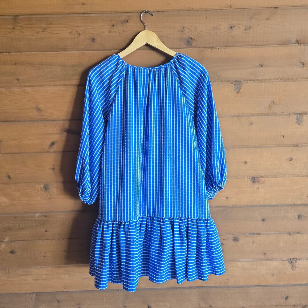 LDT Seersucker Gingham Mini Dress Preppy Puff Sleeve 4 Sorority Drop Waist Boho - Picture 5 of 6